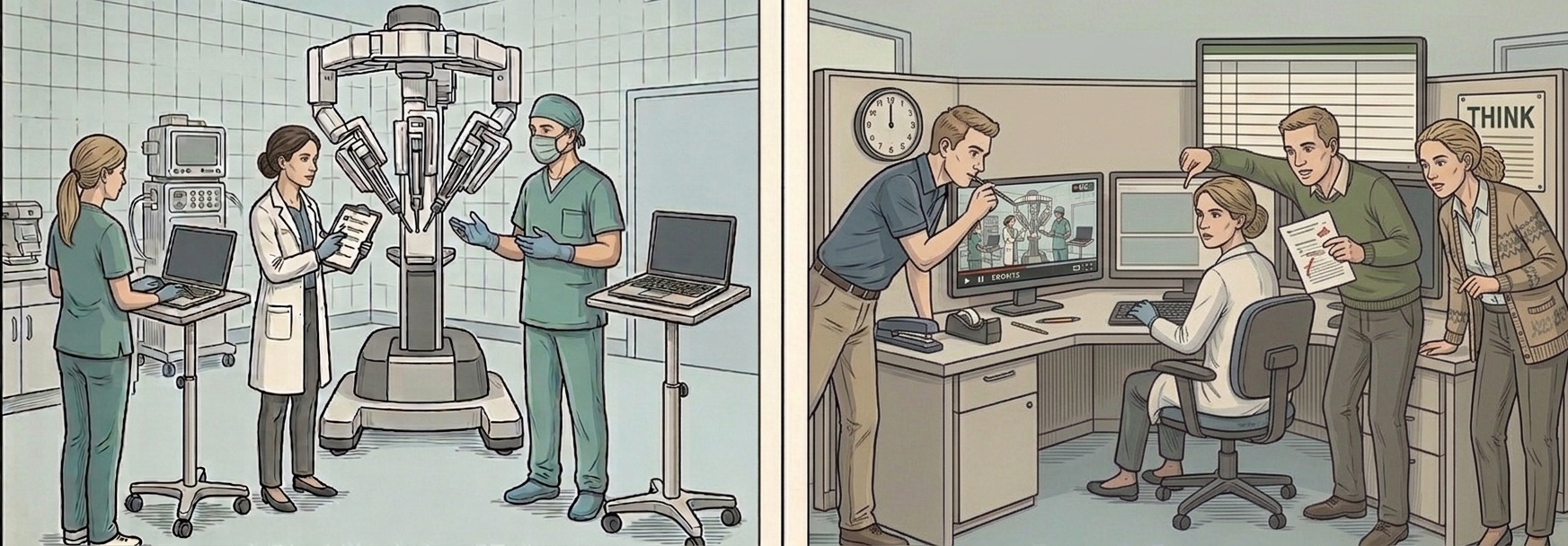 Illustration of a human factors usability study session with a moderator, notetaker, and participant